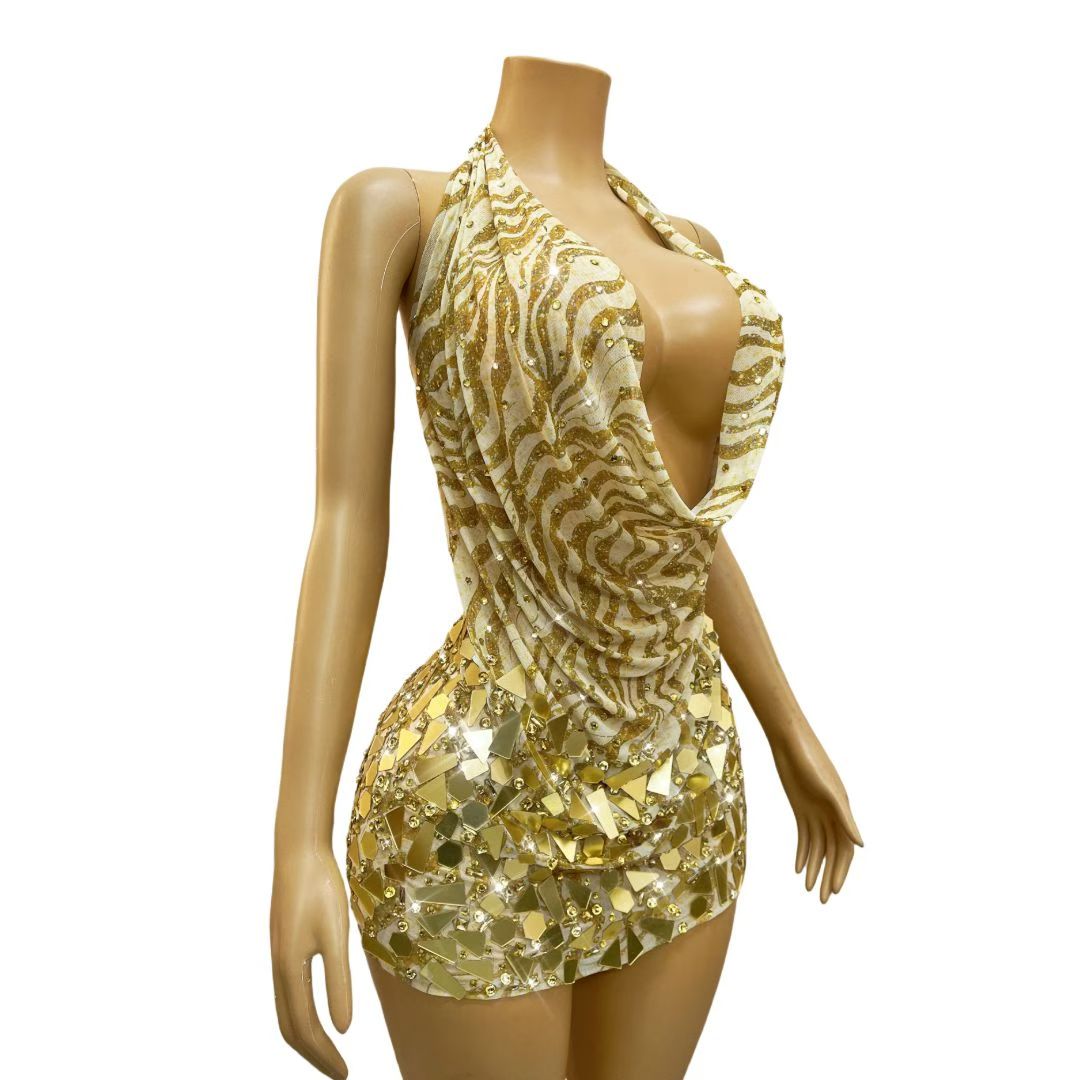 CELESINYI Jinsui Crystal Gold Mirror Mini Dress