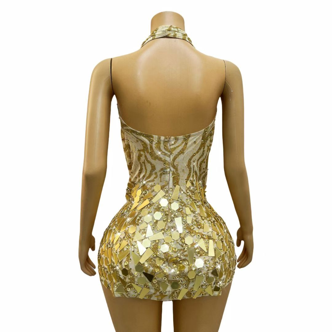 CELESINYI Jinsui Crystal Gold Mirror Mini Dress