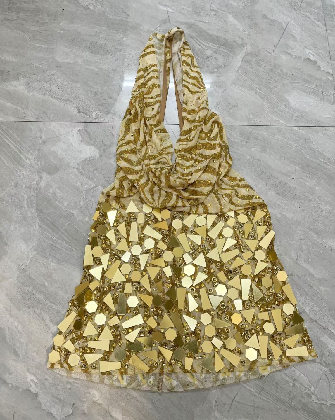 CELESINYI Jinsui Crystal Gold Mirror Mini Dress
