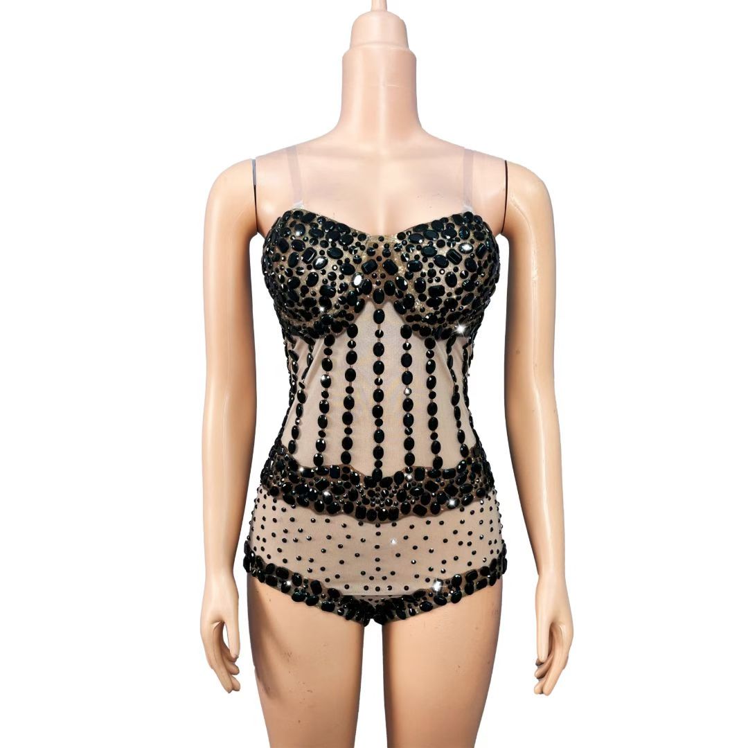 CELESINYI Chalian Crystal Black Heart Neck Bodysuit