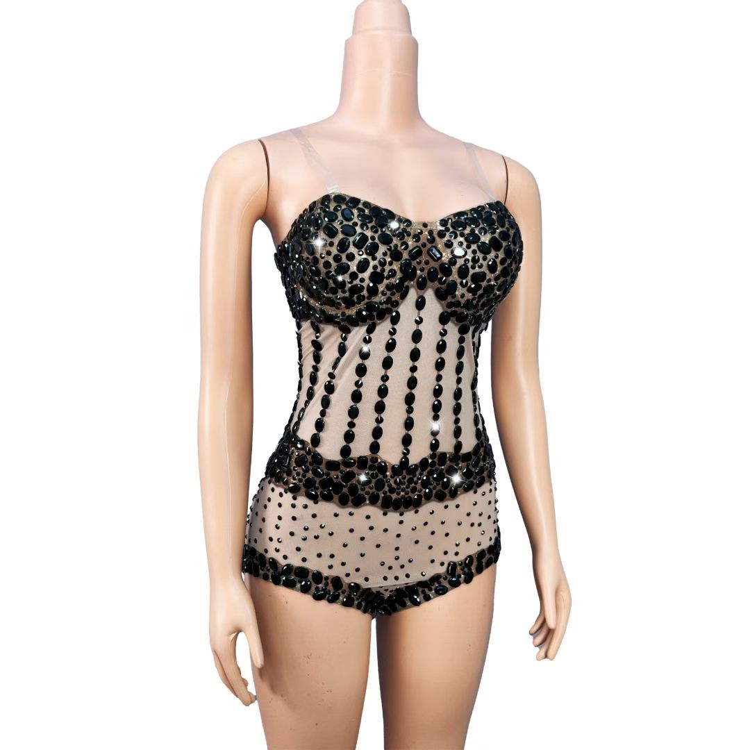 CELESINYI Chalian Crystal Black Heart Neck Bodysuit