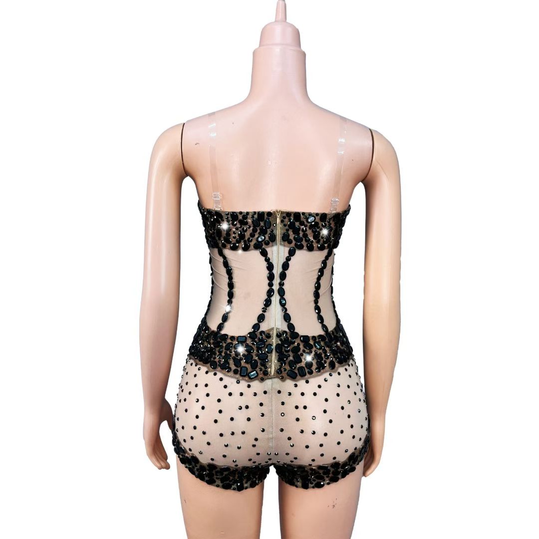 CELESINYI Chalian Crystal Black Heart Neck Bodysuit