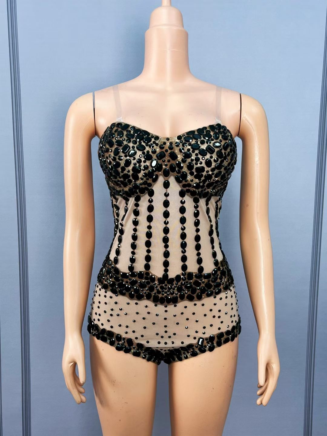 CELESINYI Chalian Crystal Black Heart Neck Bodysuit