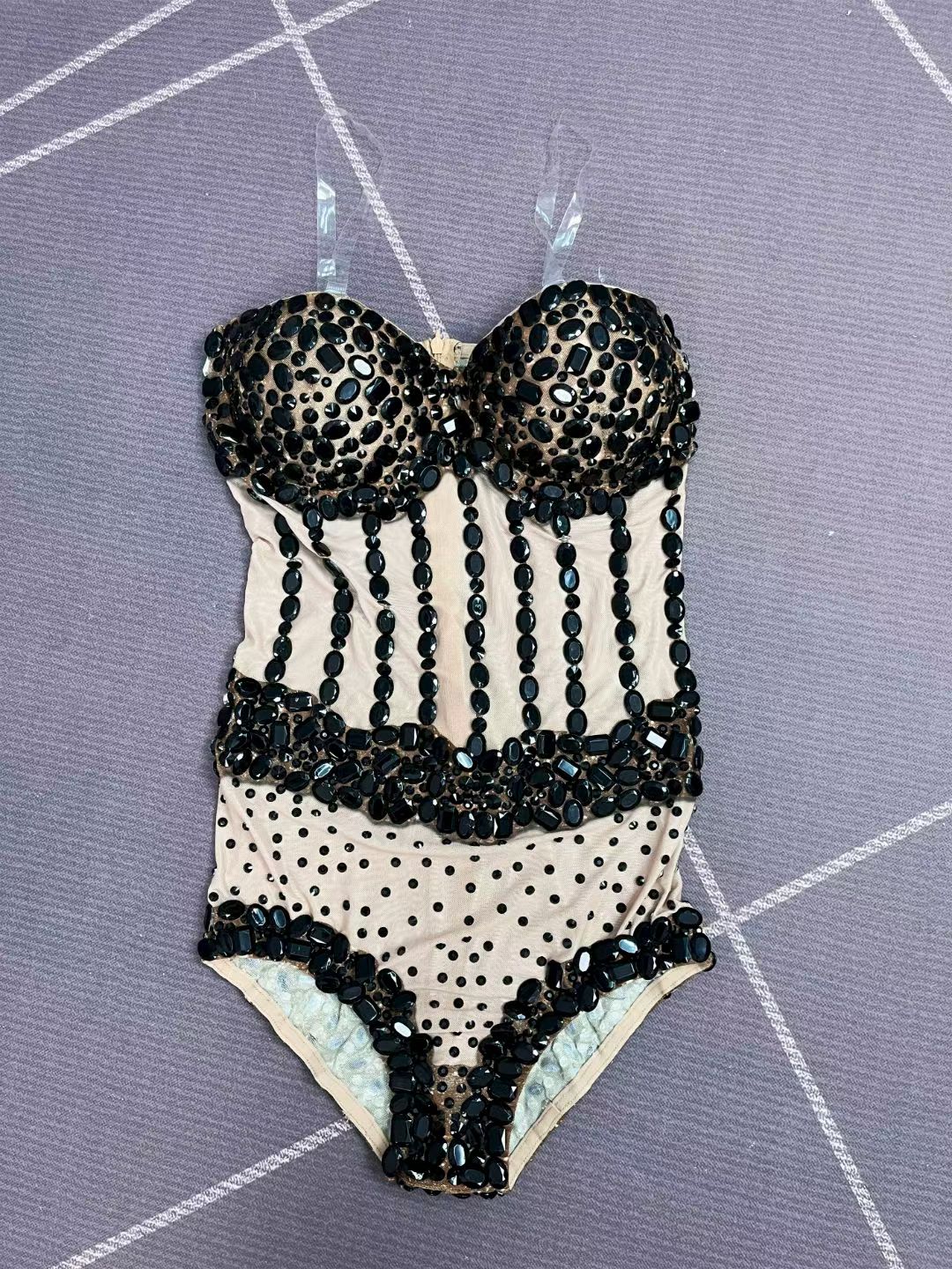CELESINYI Chalian Crystal Black Heart Neck Bodysuit