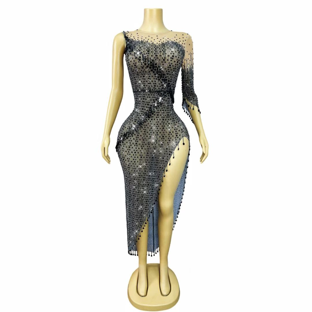 CELESINYI Facaiqun Crystal Black Bead Fringe Gown