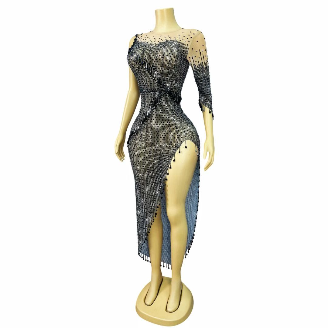 CELESINYI Facaiqun Crystal Black Bead Fringe Gown