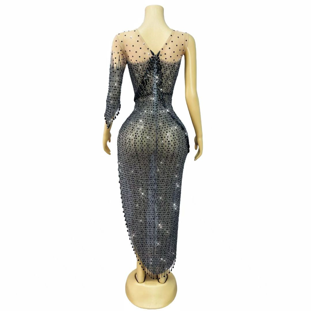 CELESINYI Facaiqun Crystal Black Bead Fringe Gown