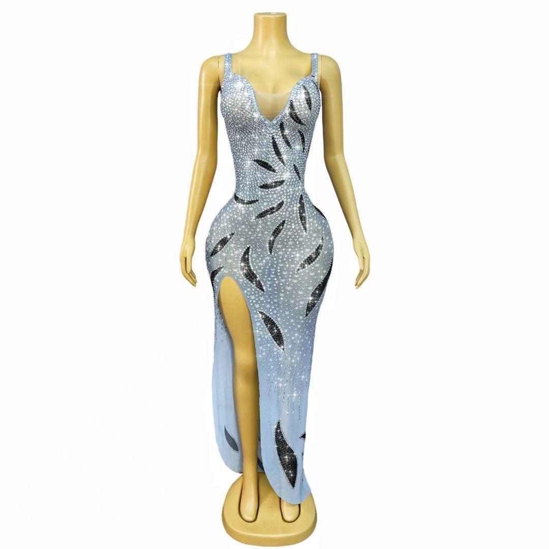 CELESINYI Daoxiaomian Crystal Leaf Print Bodycon Gown