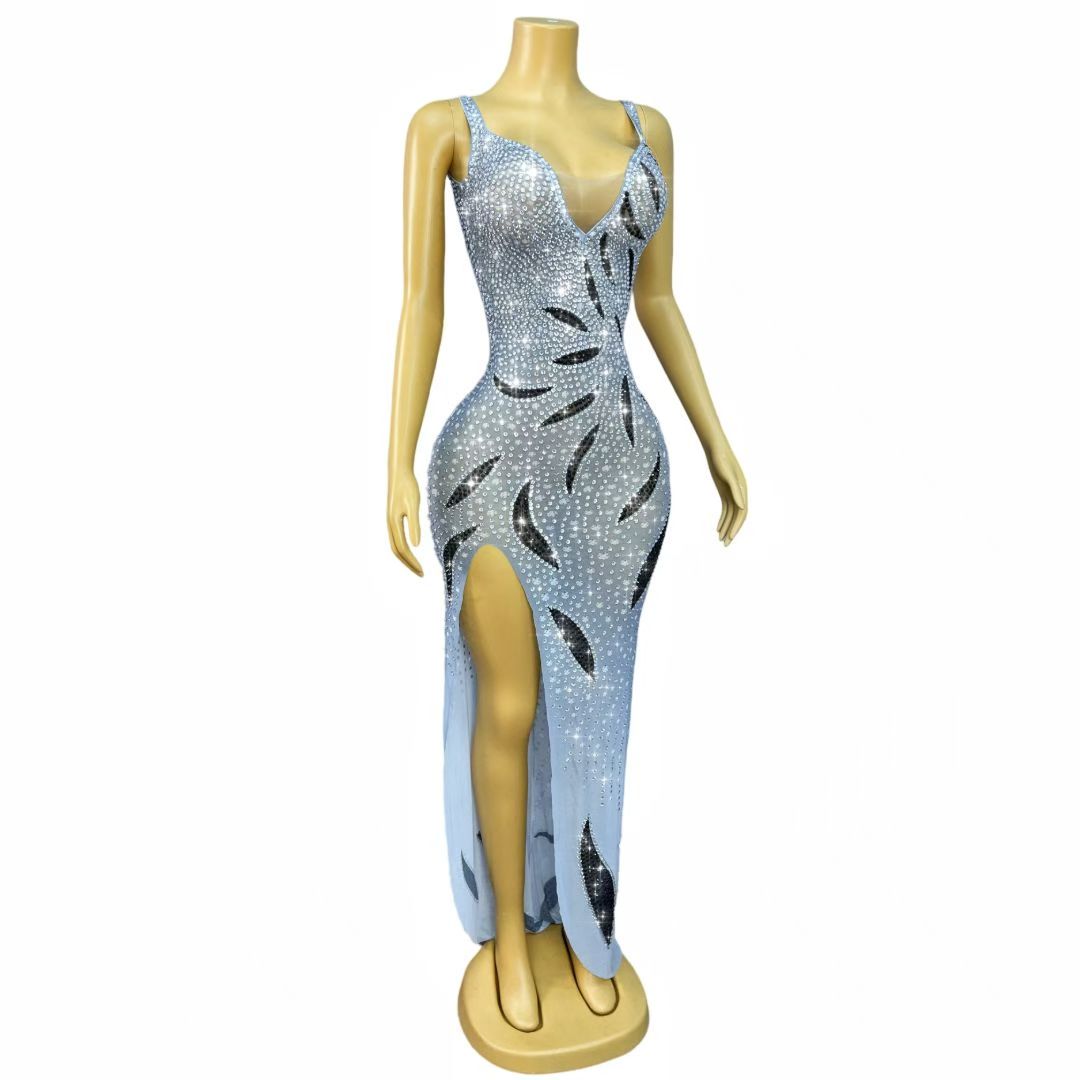 CELESINYI Daoxiaomian Crystal Leaf Print Bodycon Gown