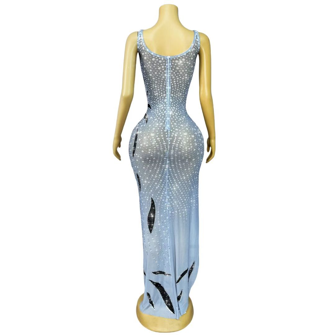 CELESINYI Daoxiaomian Crystal Leaf Print Bodycon Gown