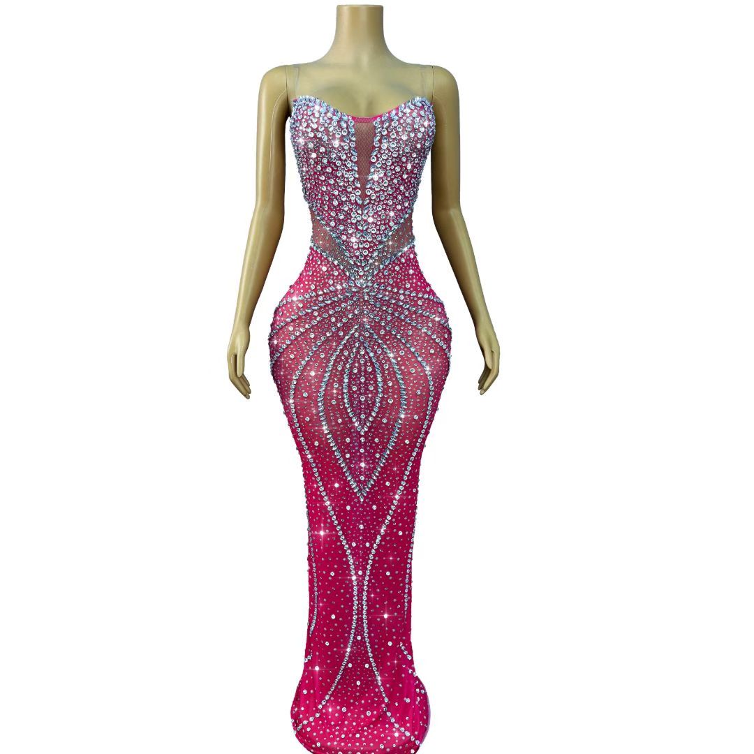 CELESINYI Shuiwang Crystal Fishnet Gown (Rose Red)
