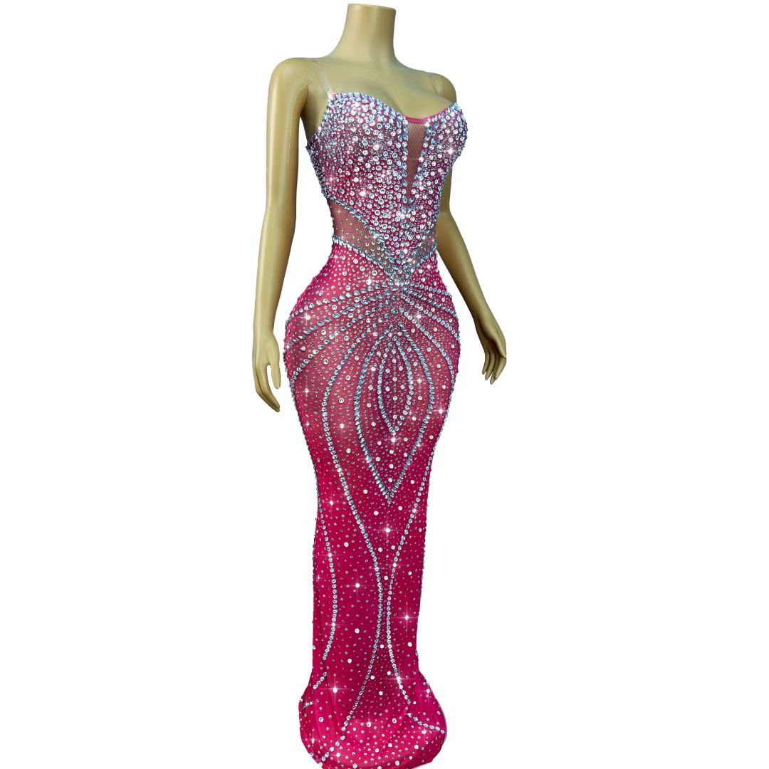 CELESINYI Shuiwang Crystal Fishnet Gown (Rose Red)