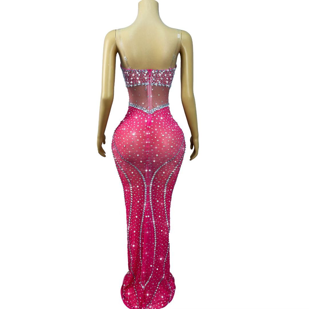 CELESINYI Shuiwang Crystal Fishnet Gown (Rose Red)