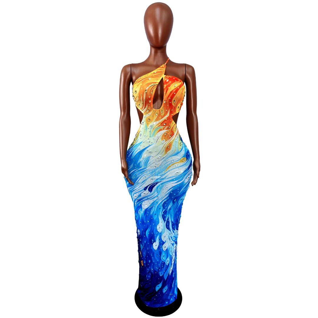 CELESINYI Caiyu Crystal Flame Print One-Shoulder Gown