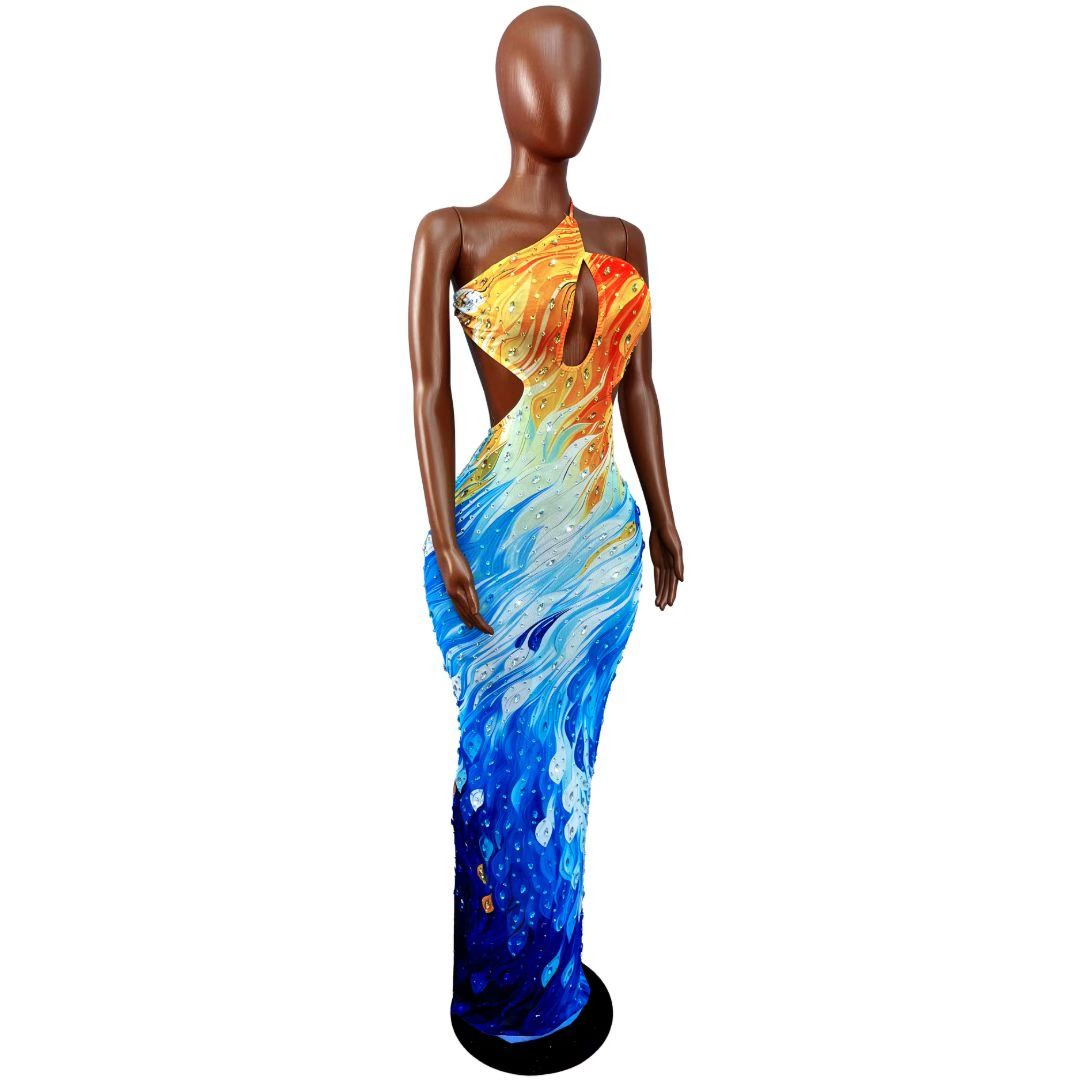CELESINYI Caiyu Crystal Flame Print One-Shoulder Gown