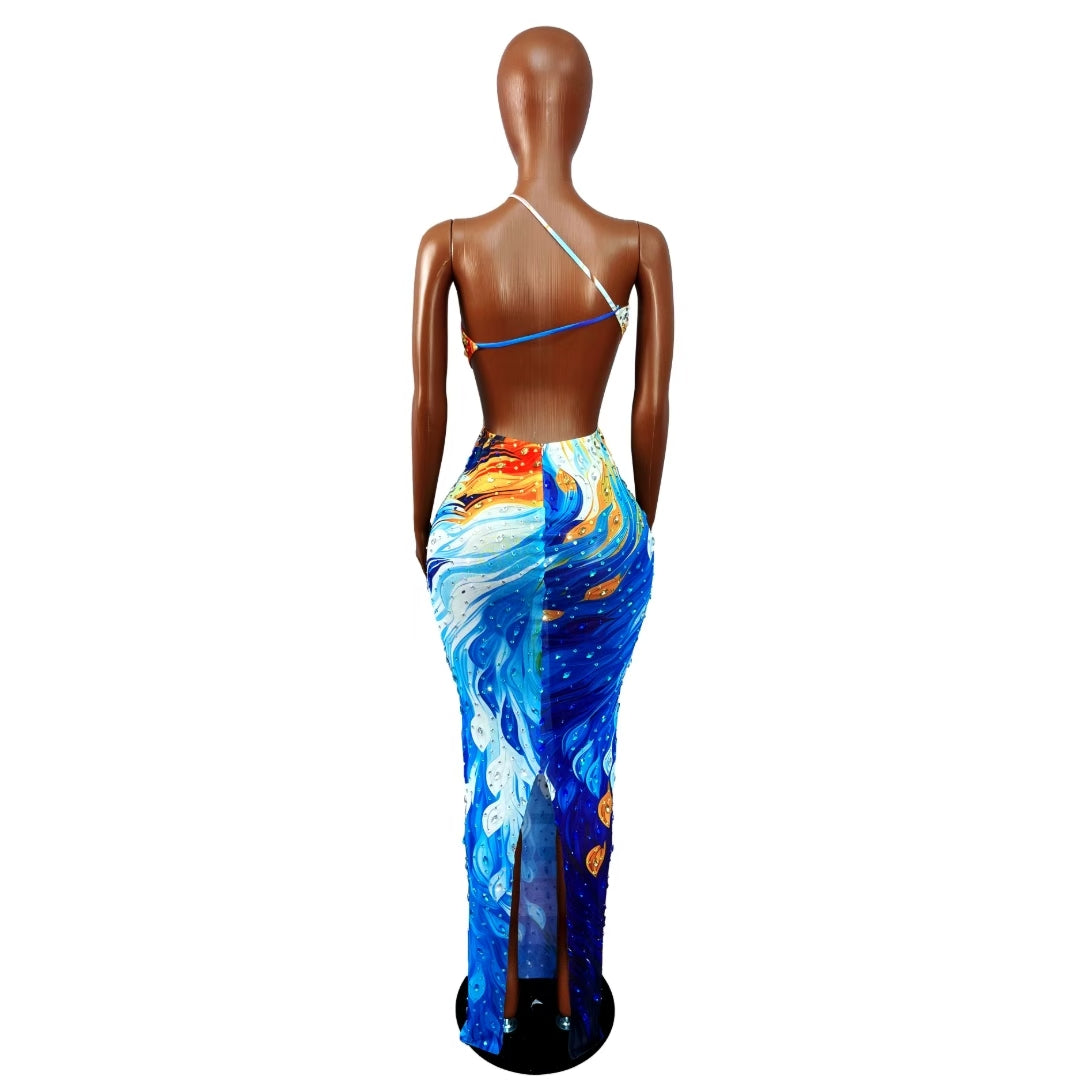 CELESINYI Caiyu Crystal Flame Print One-Shoulder Gown