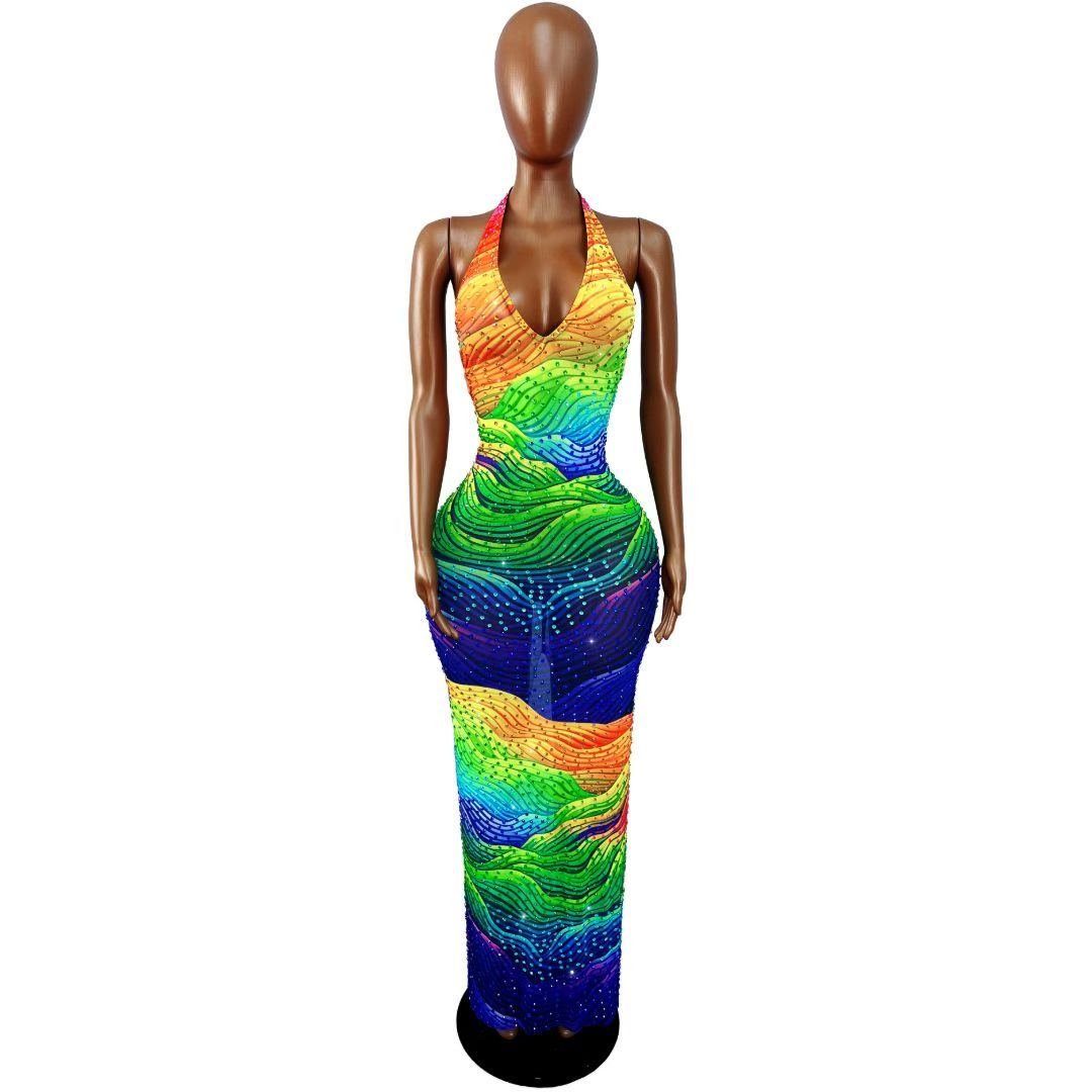 CELESINYI Caisixian Crystal Rainbow Wave Gown
