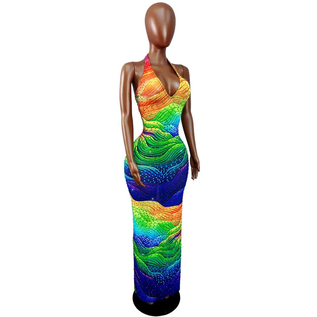 CELESINYI Caisixian Crystal Rainbow Wave Gown