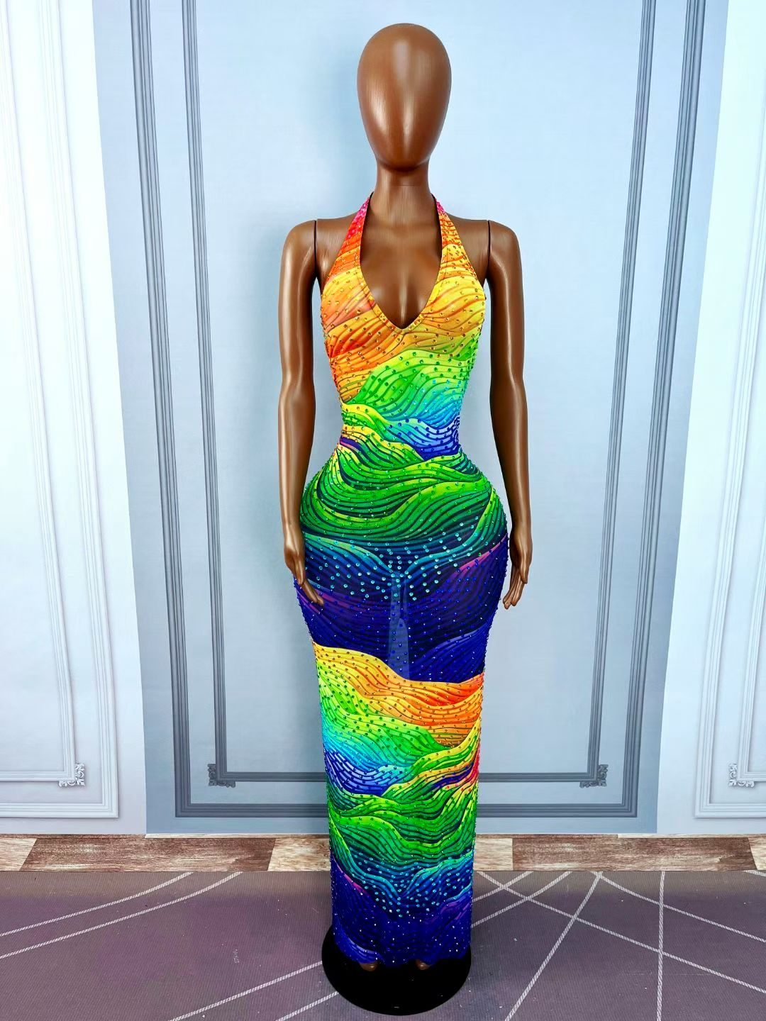 CELESINYI Caisixian Crystal Rainbow Wave Gown