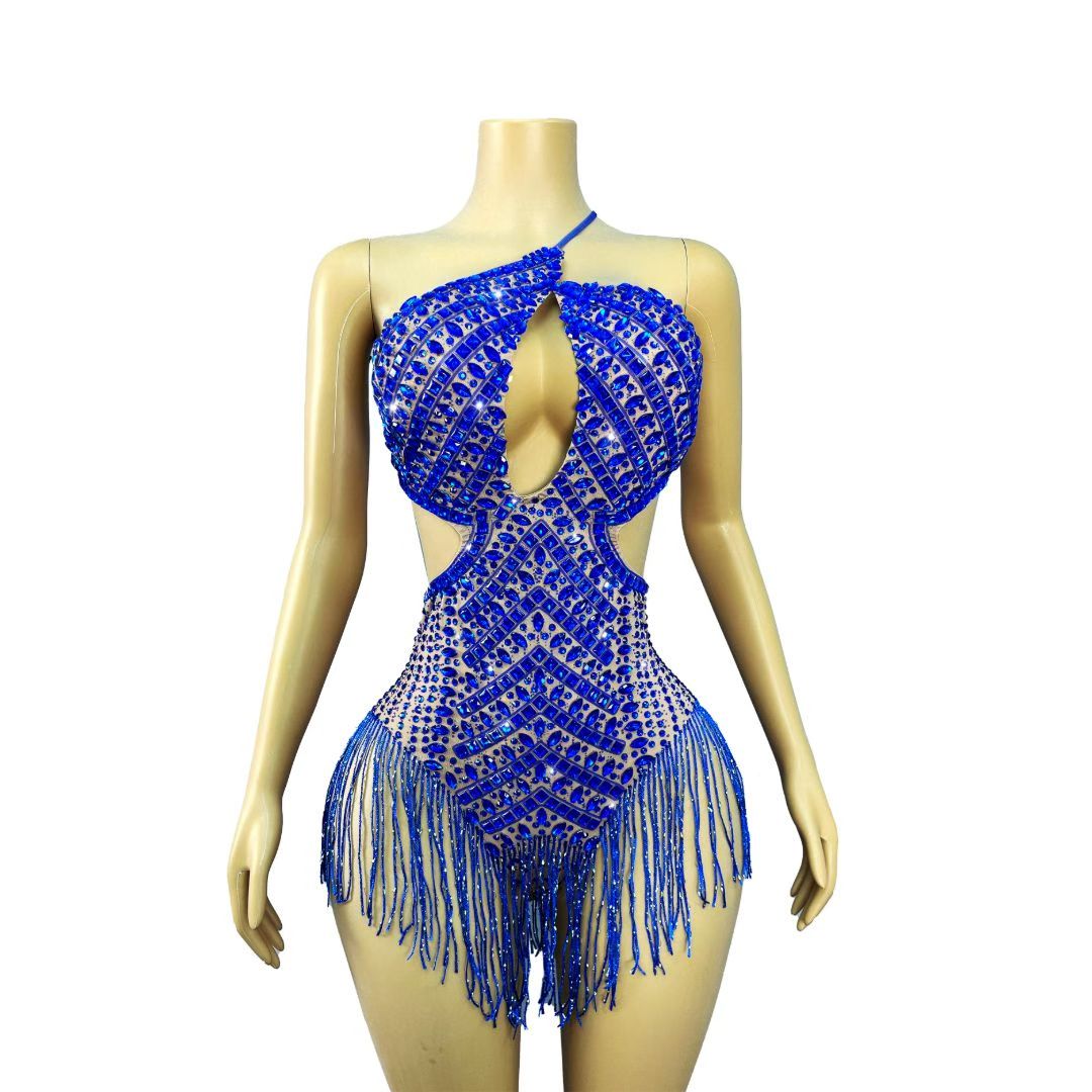 CELESINYI Lanjing Crystal Royal Blue Halter Bodysuit