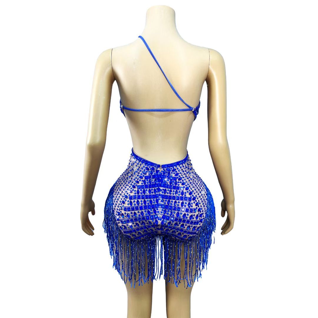CELESINYI Lanjing Crystal Royal Blue Halter Bodysuit