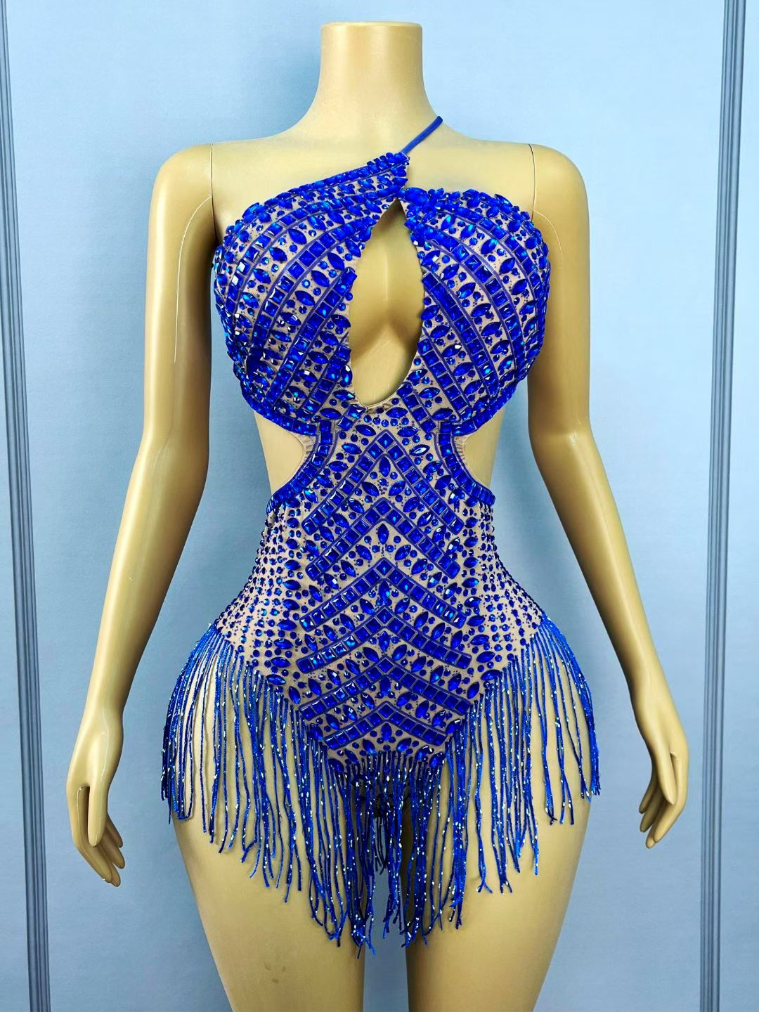 CELESINYI Lanjing Crystal Royal Blue Halter Bodysuit