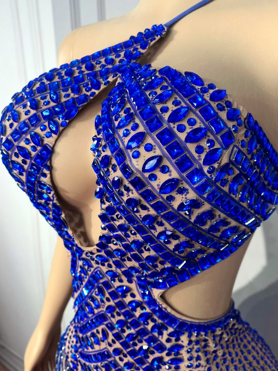 CELESINYI Lanjing Crystal Royal Blue Halter Bodysuit