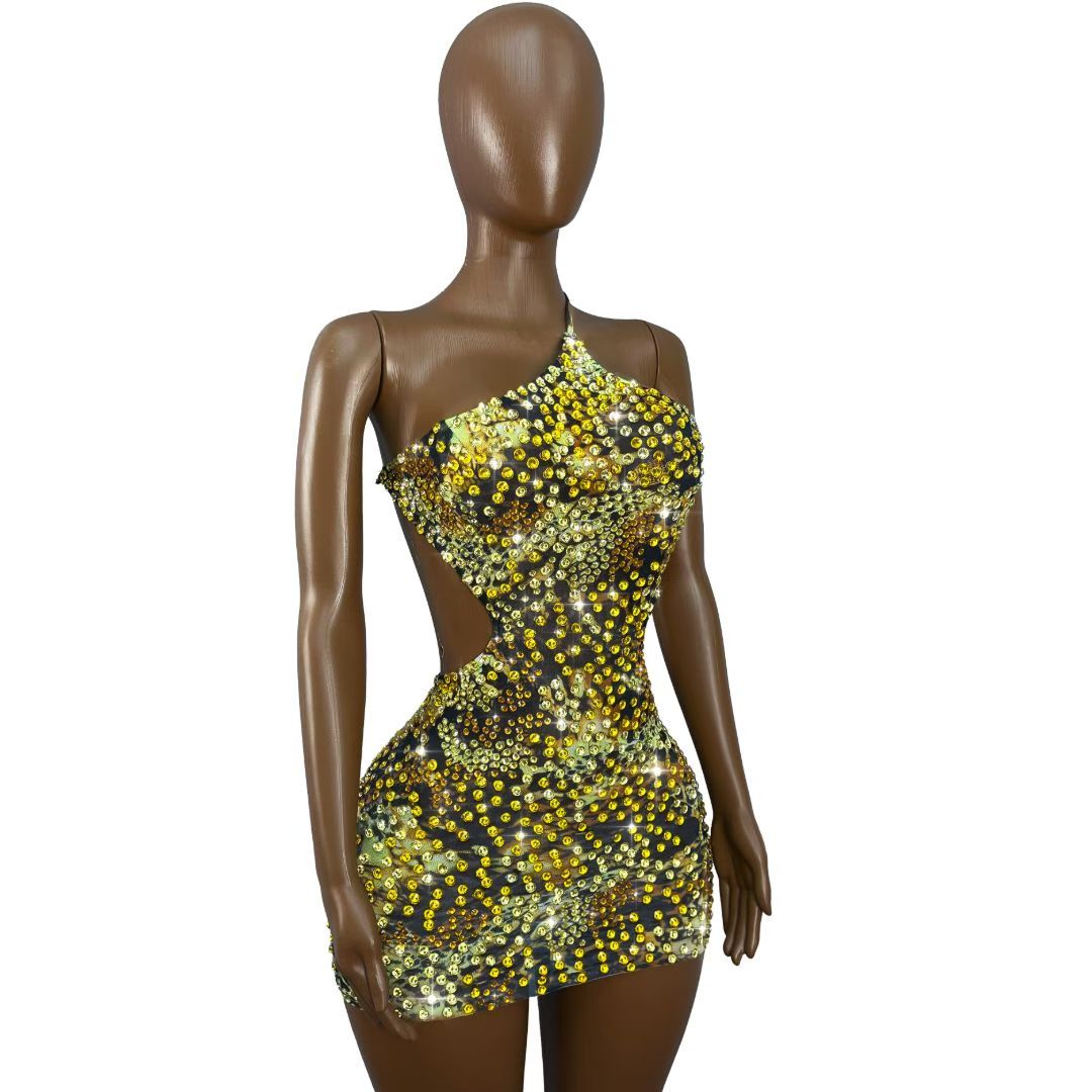CELESINYI Hubaogun Crystal Leopard One-Shoulder Mini Dress