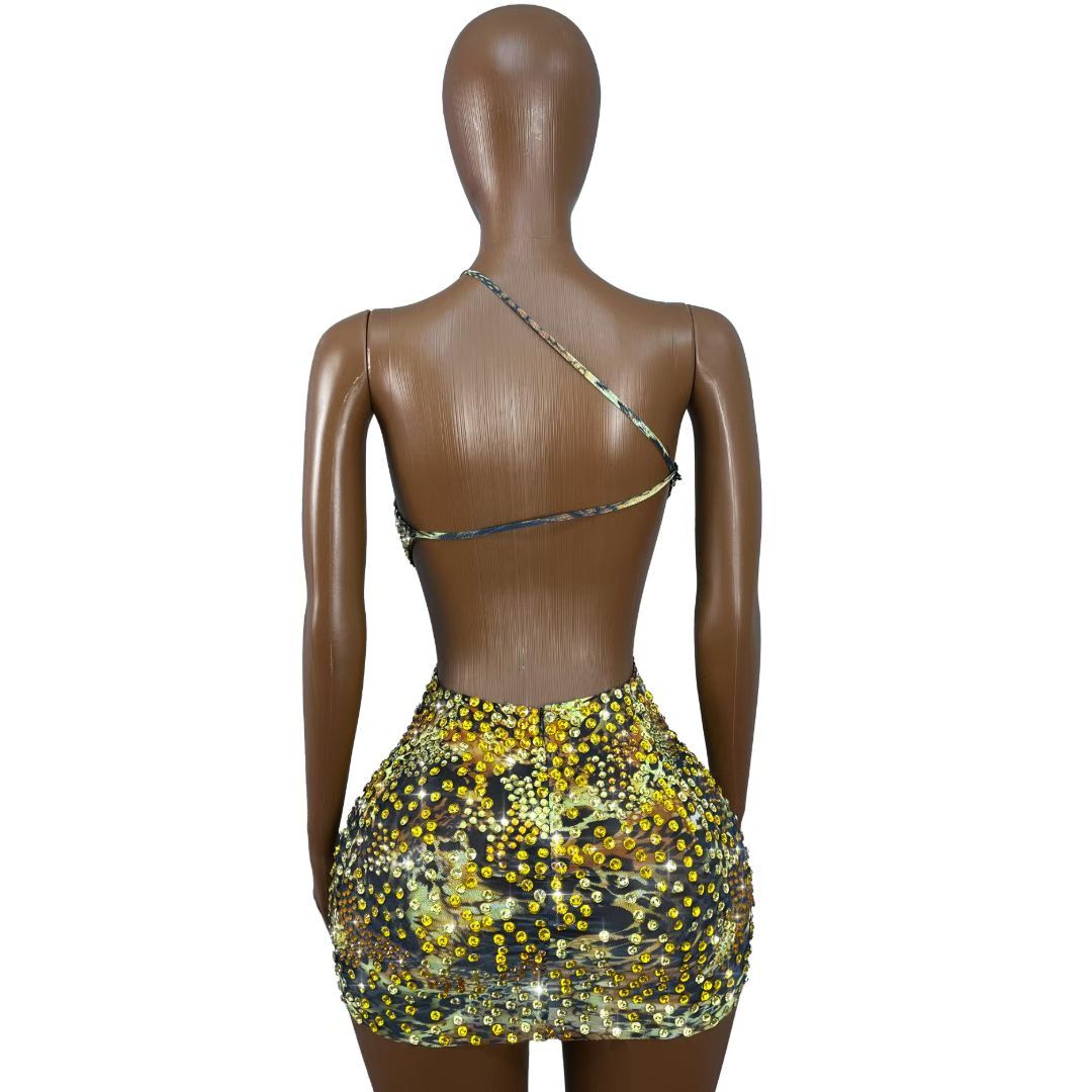 CELESINYI Hubaogun Crystal Leopard One-Shoulder Mini Dress