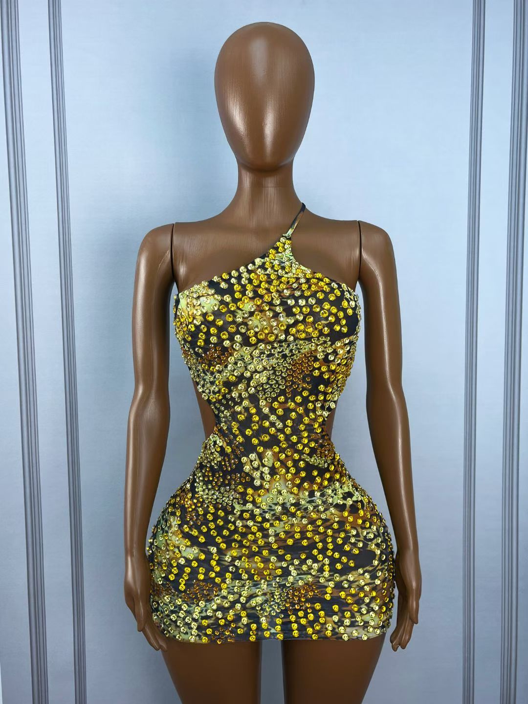 CELESINYI Hubaogun Crystal Leopard One-Shoulder Mini Dress