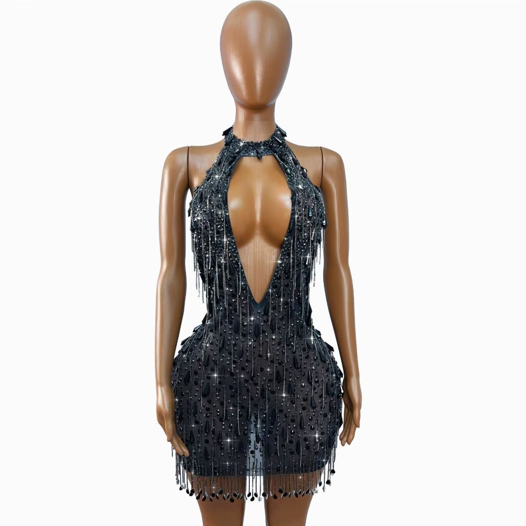 CELESINYI Wuxuanfeng Crystal Choker Halter Mini Dress