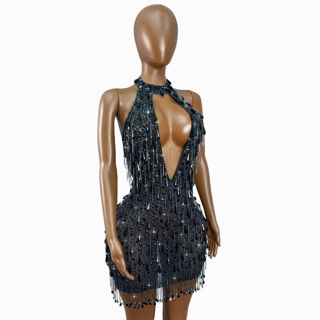 CELESINYI Wuxuanfeng Crystal Choker Halter Mini Dress