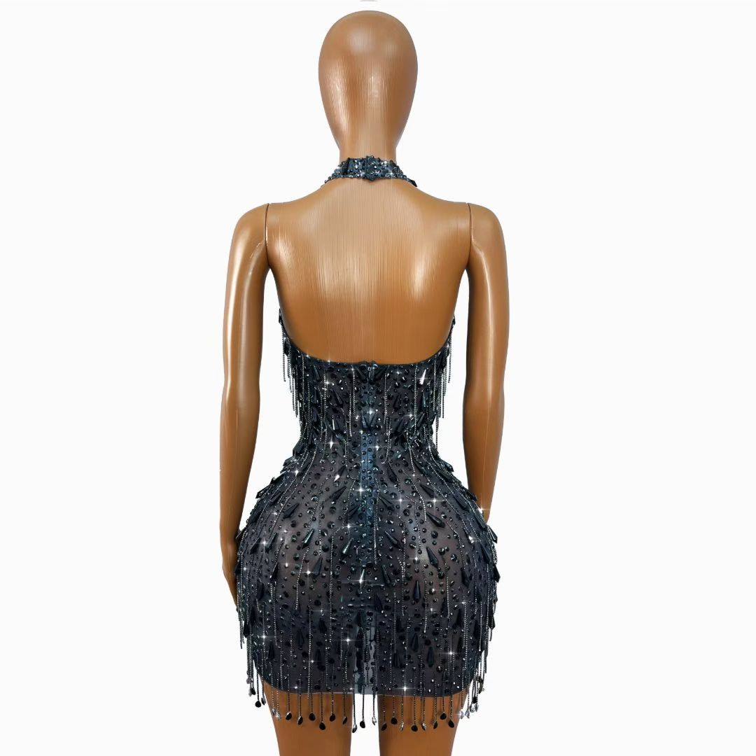 CELESINYI Wuxuanfeng Crystal Choker Halter Mini Dress