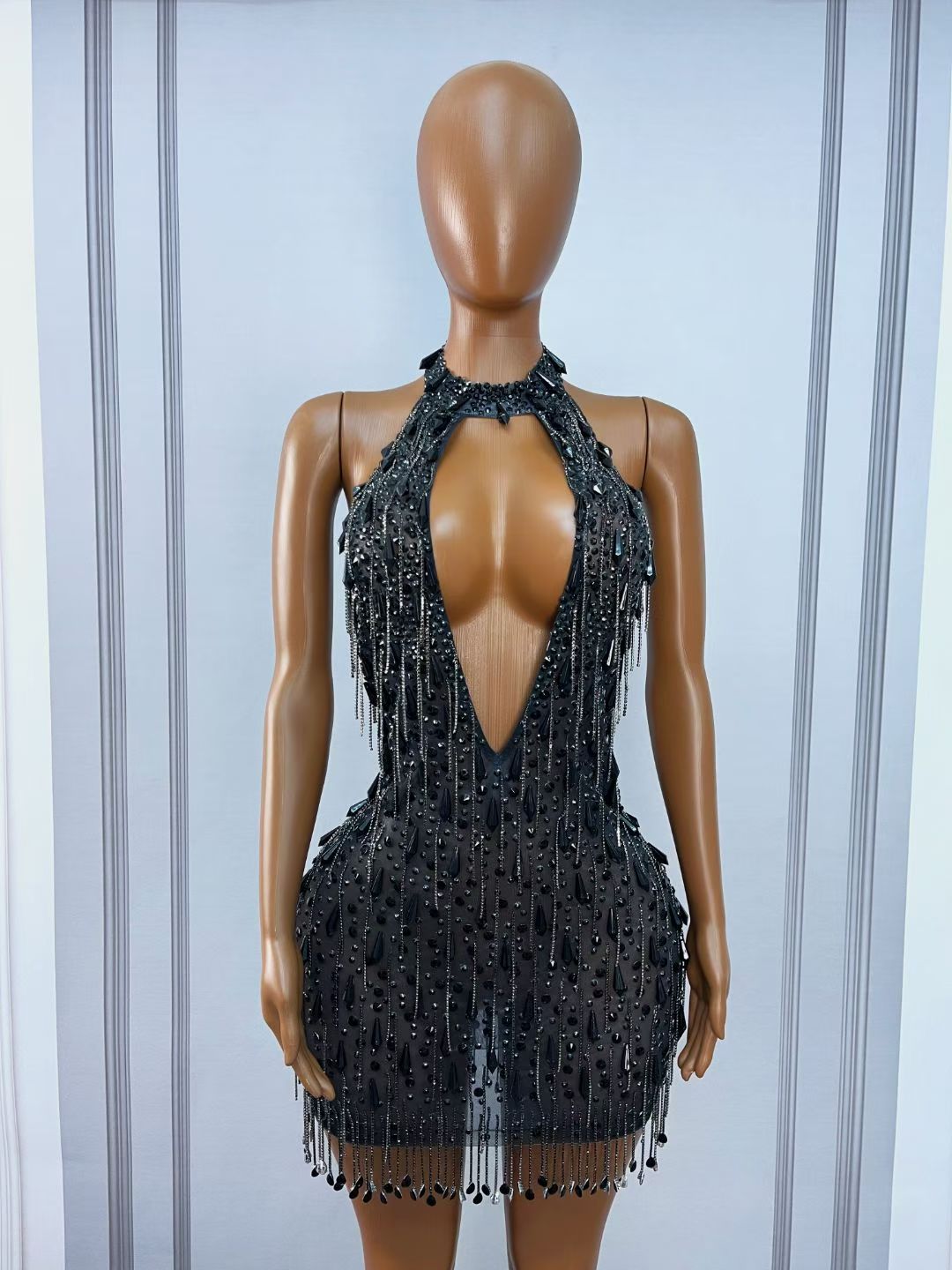 CELESINYI Wuxuanfeng Crystal Choker Halter Mini Dress