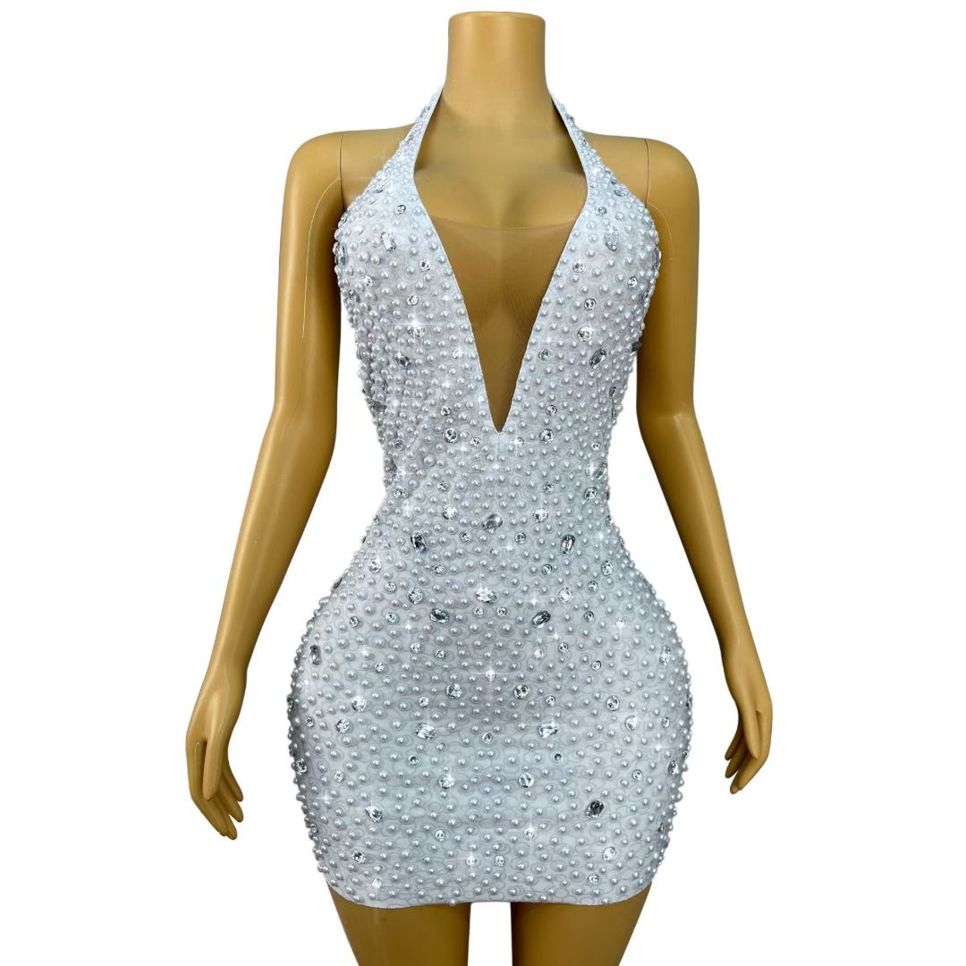 CELESINYI Baisizhu Crystal Pearl Halter Mini Dress