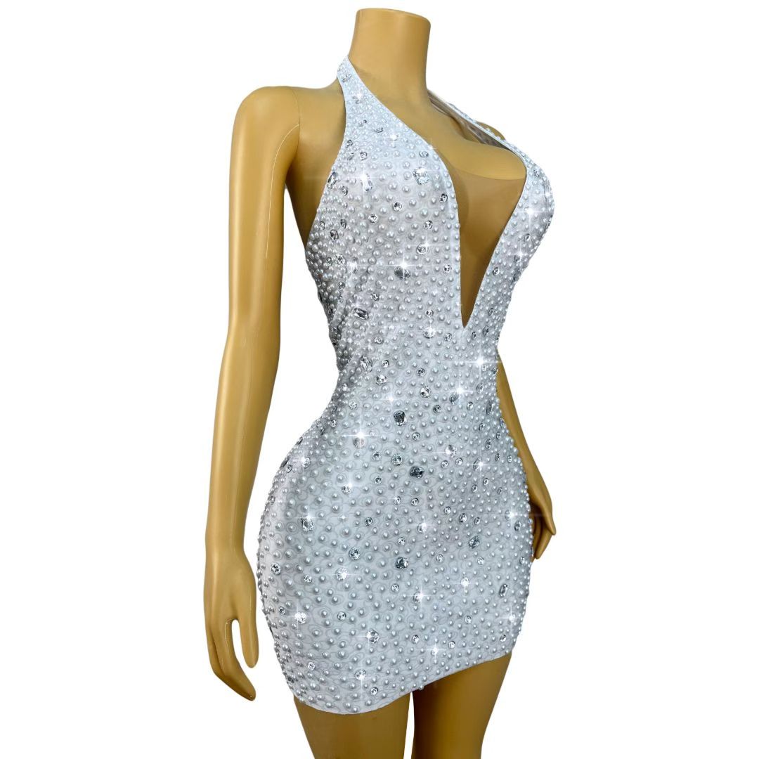 CELESINYI Baisizhu Crystal Pearl Halter Mini Dress