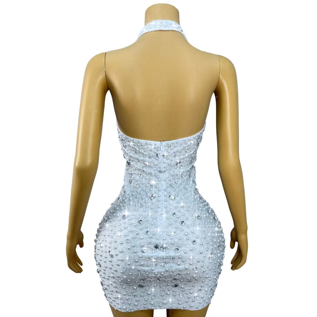 CELESINYI Baisizhu Crystal Pearl Halter Mini Dress