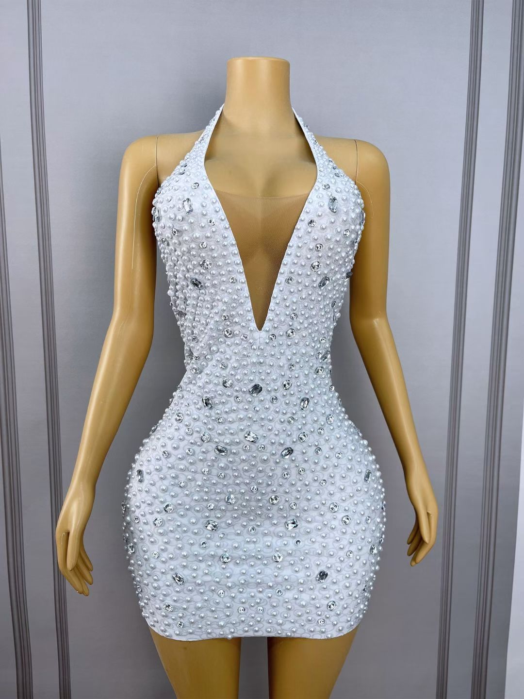 CELESINYI Baisizhu Crystal Pearl Halter Mini Dress