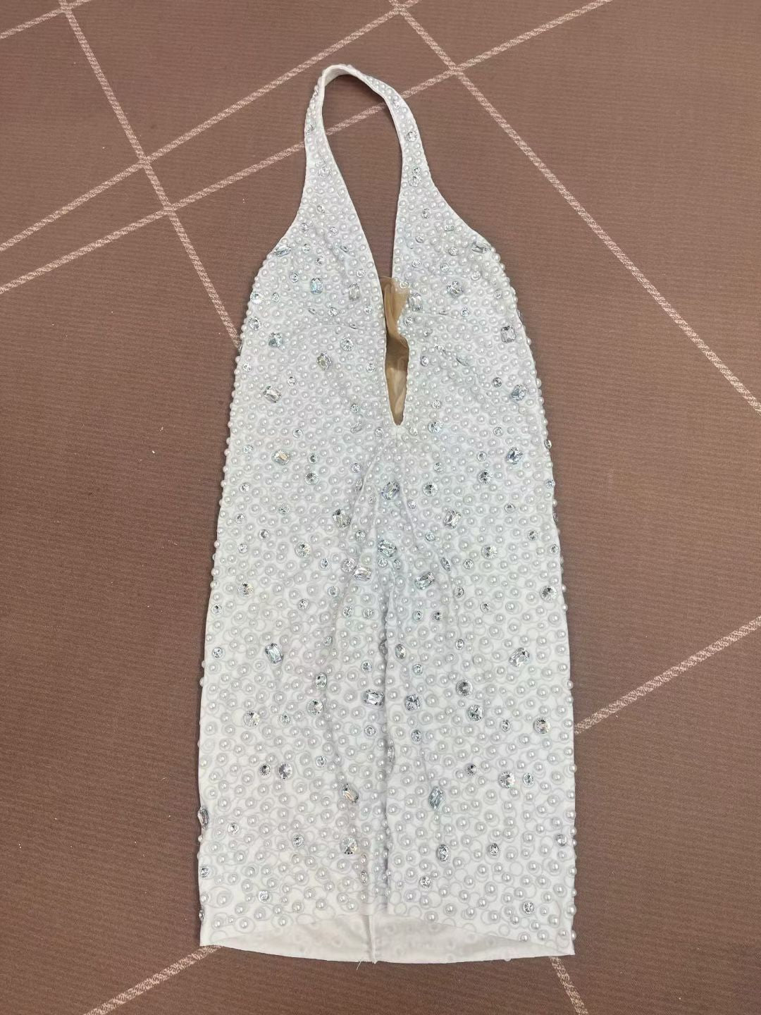 CELESINYI Baisizhu Crystal Pearl Halter Mini Dress