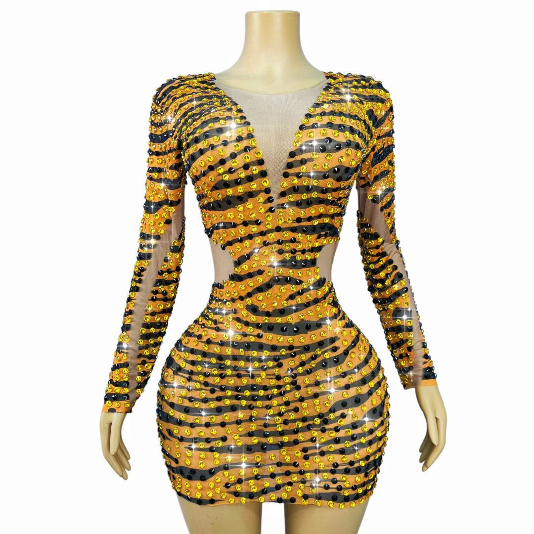 CELESINYI Huxianfeng Crystal Tiger Print Mini Dress