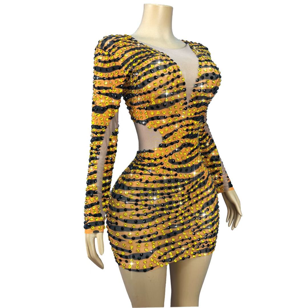 CELESINYI Huxianfeng Crystal Tiger Print Mini Dress