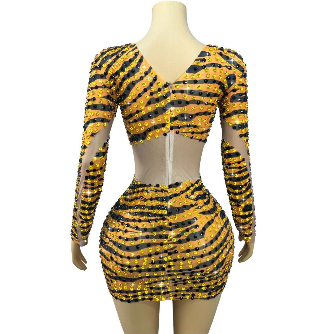 CELESINYI Huxianfeng Crystal Tiger Print Mini Dress