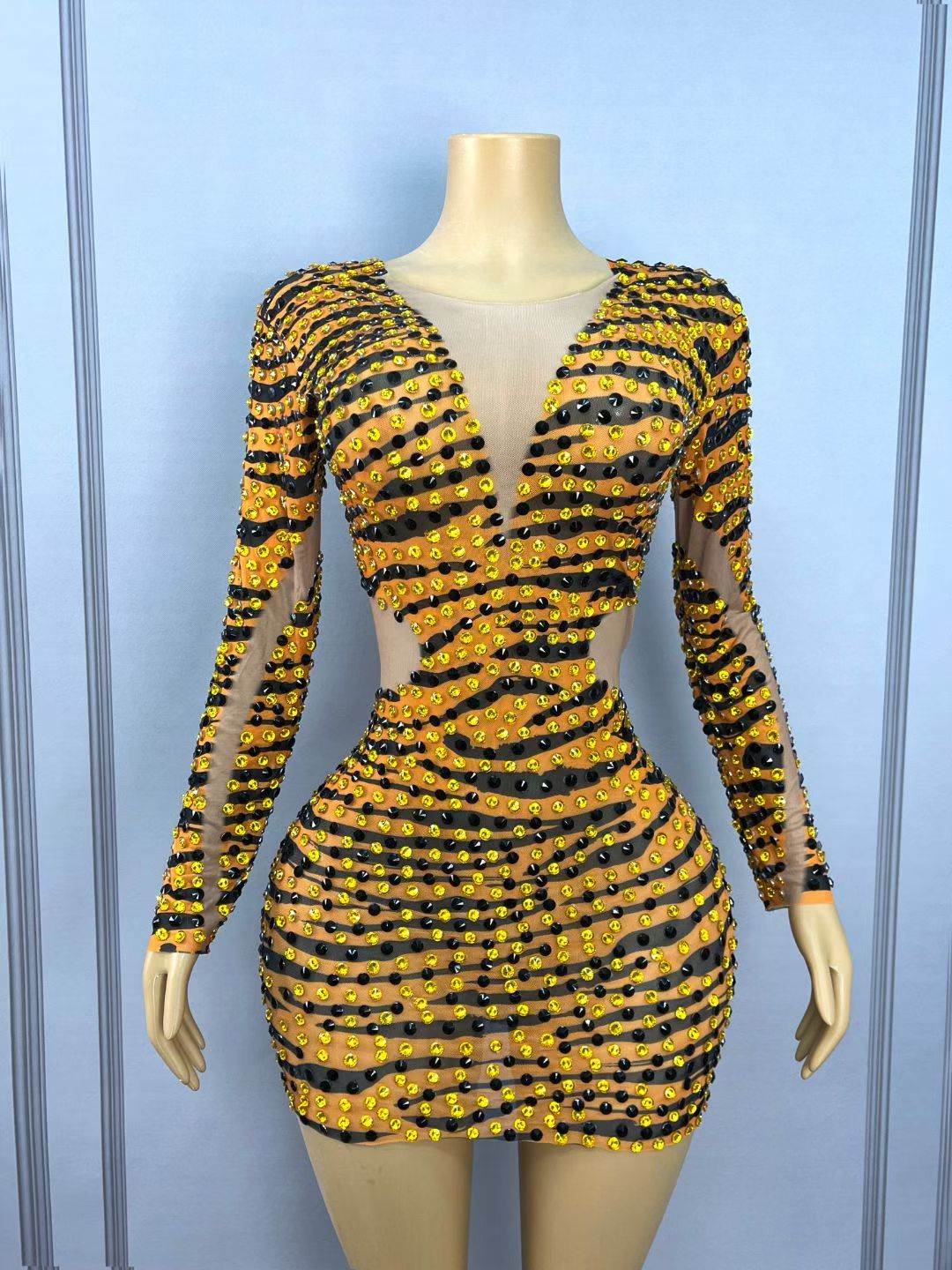 CELESINYI Huxianfeng Crystal Tiger Print Mini Dress