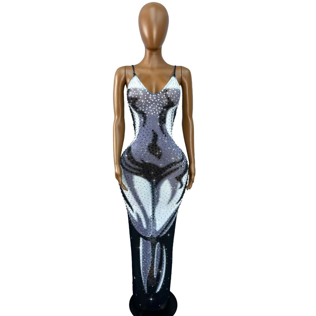 CELESINYI Youlingqun Crystal Illusion Print Bodycon Gown