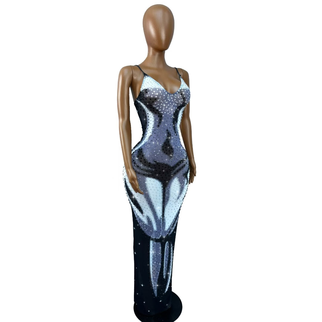 CELESINYI Youlingqun Crystal Illusion Print Bodycon Gown
