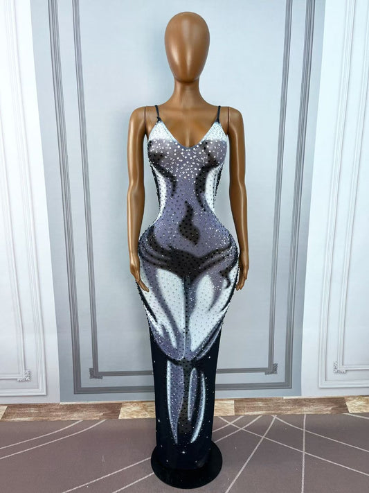 CELESINYI Youlingqun Crystal Illusion Print Bodycon Gown