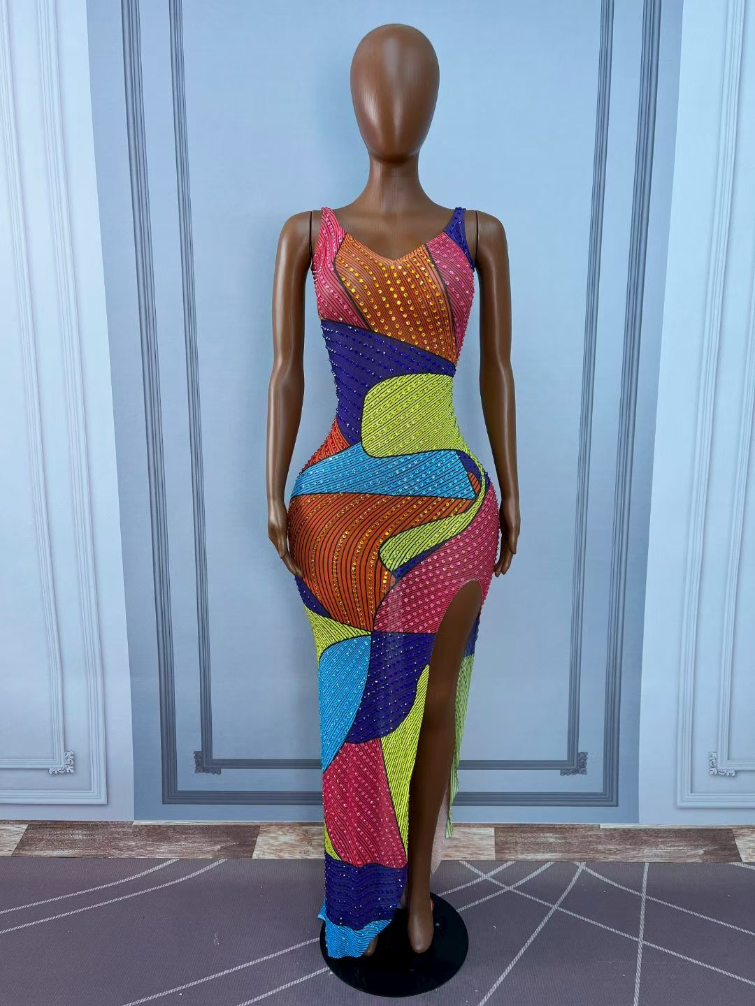 CELESINYI Pinsahua Crystal Color Block Mermaid Gown