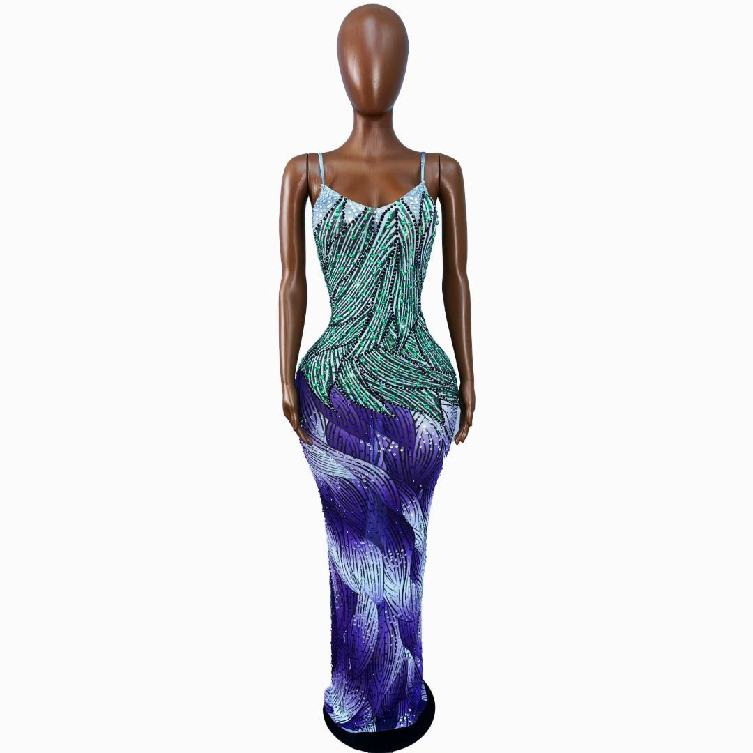 CELESINYI Ziyahua Crystal Green Purple Mermaid Gown