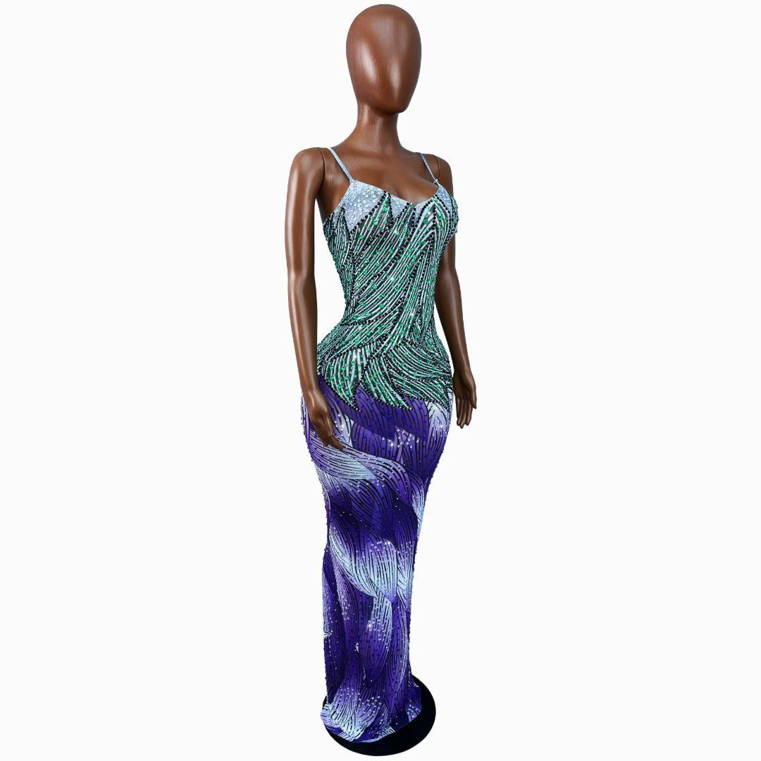 CELESINYI Ziyahua Crystal Green Purple Mermaid Gown
