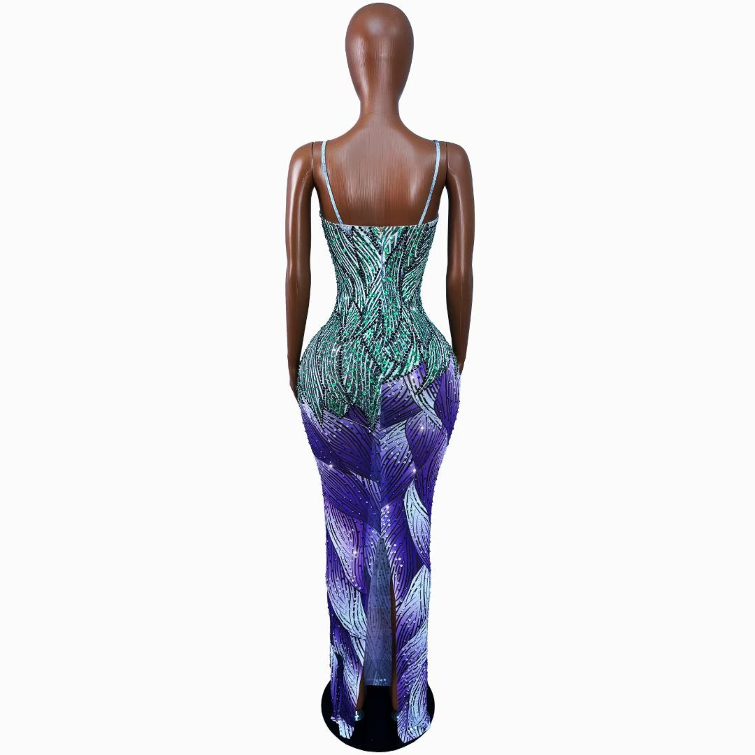 CELESINYI Ziyahua Crystal Green Purple Mermaid Gown